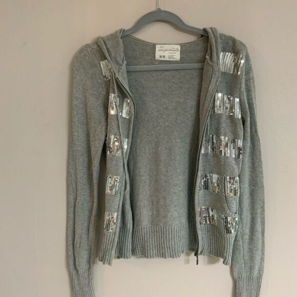 Aeropostale Grey Silver Sequin Hoodie Jacket juniors Medium Holiday Knit Sweater - Picture 5 of 8